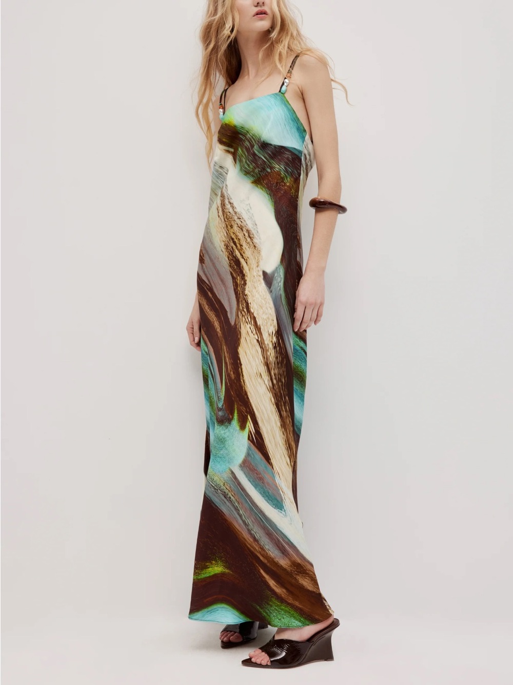 Aje Marble-Print Slip Maxi Dress in Aqua, Brown & Cream